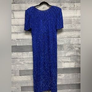 Blue dress sequins Laurence Kazar dress size PL , shoulder pads rear slit